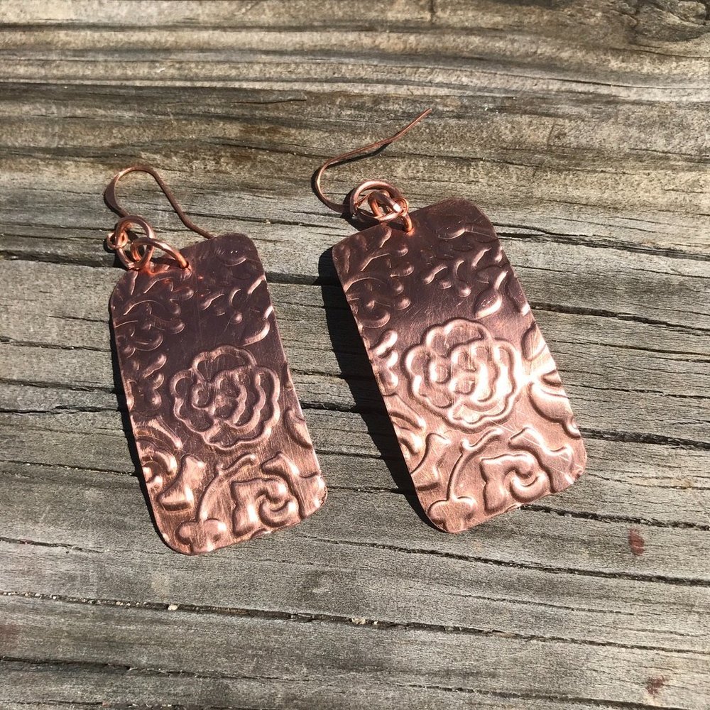 Embossed Roses Earrings Solid Copper Modern Drop Dangle African Bold Statement - Picture 2 of 5